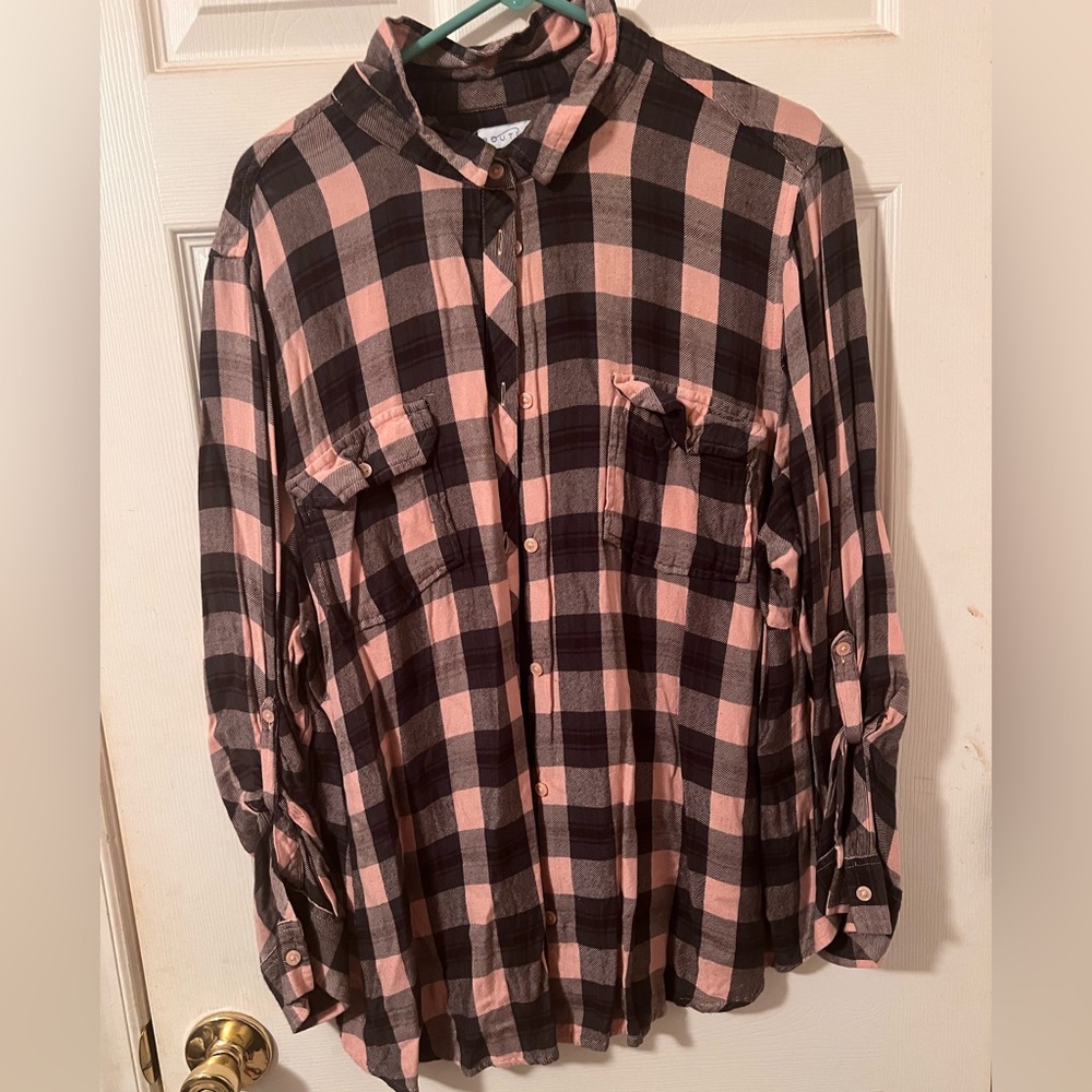 Pink, black, and grey plaid long sleeve shirt